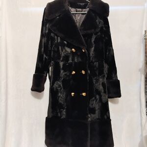 Vintage Rosewin Black Penny Lane Faux Fur Coat Long Jacket Belt Gold Button S 14